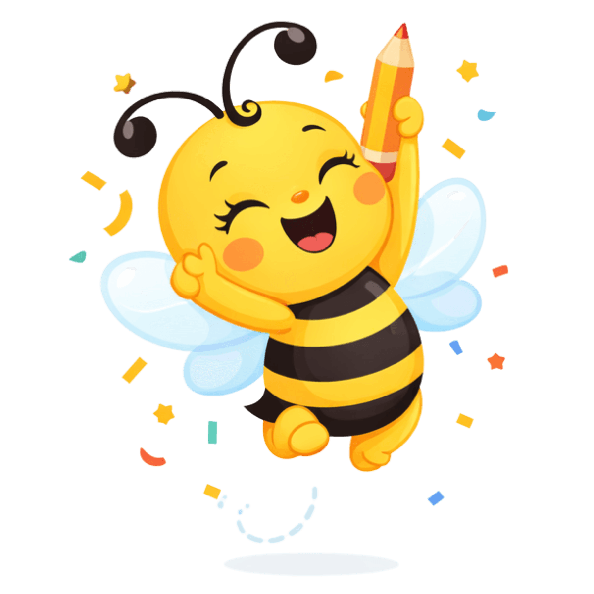 Mel comemorando com confetes e um lápis