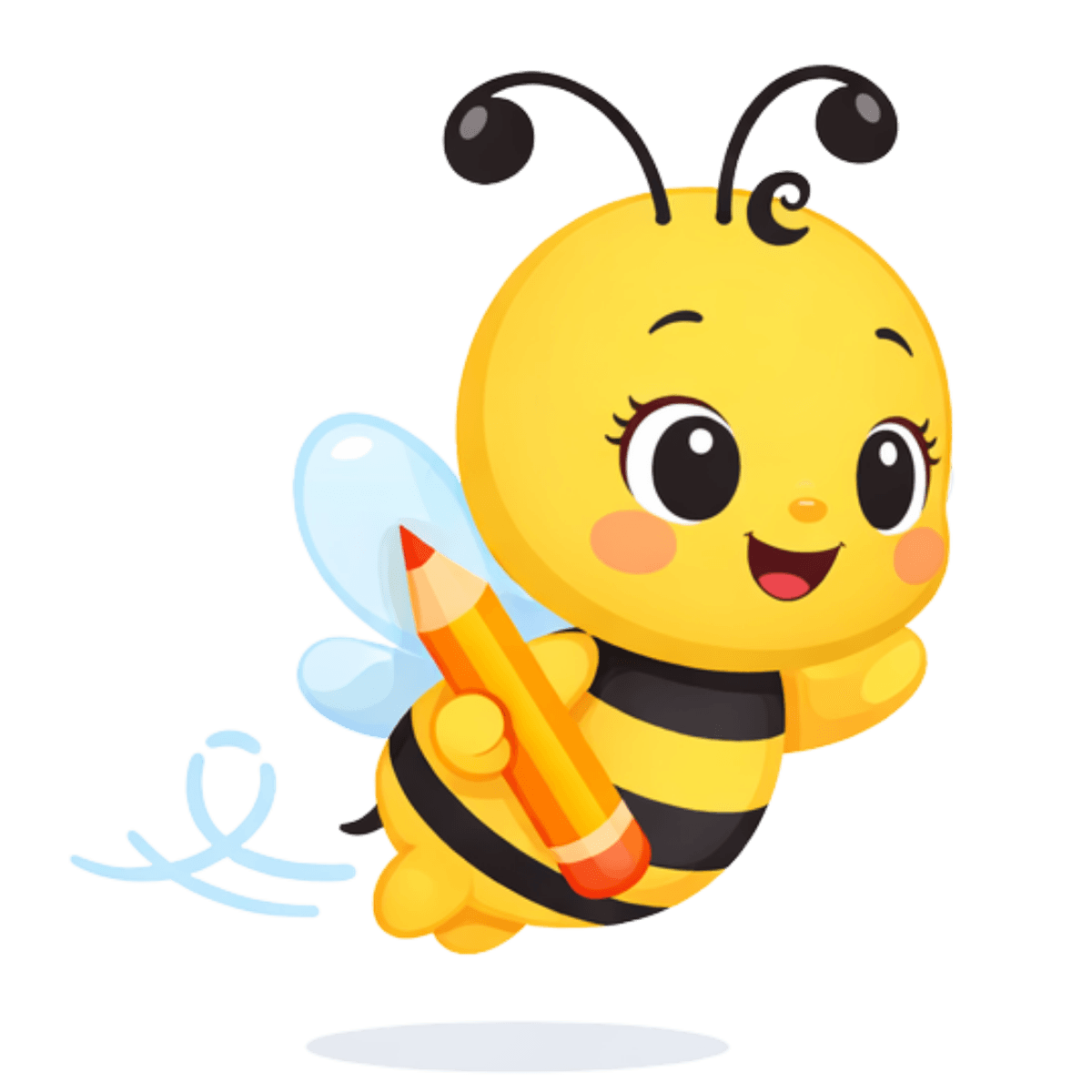 Mel, a abelha mascote, voando com um lapis