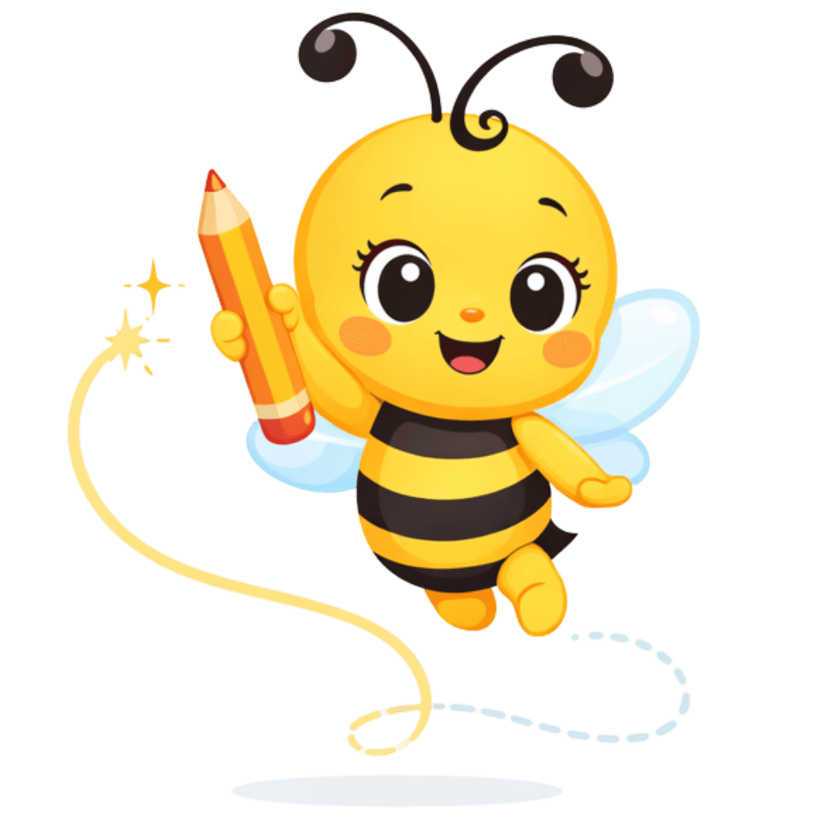 Mel, a abelha mascote do Mundo da Mel, voando feliz com um lapis