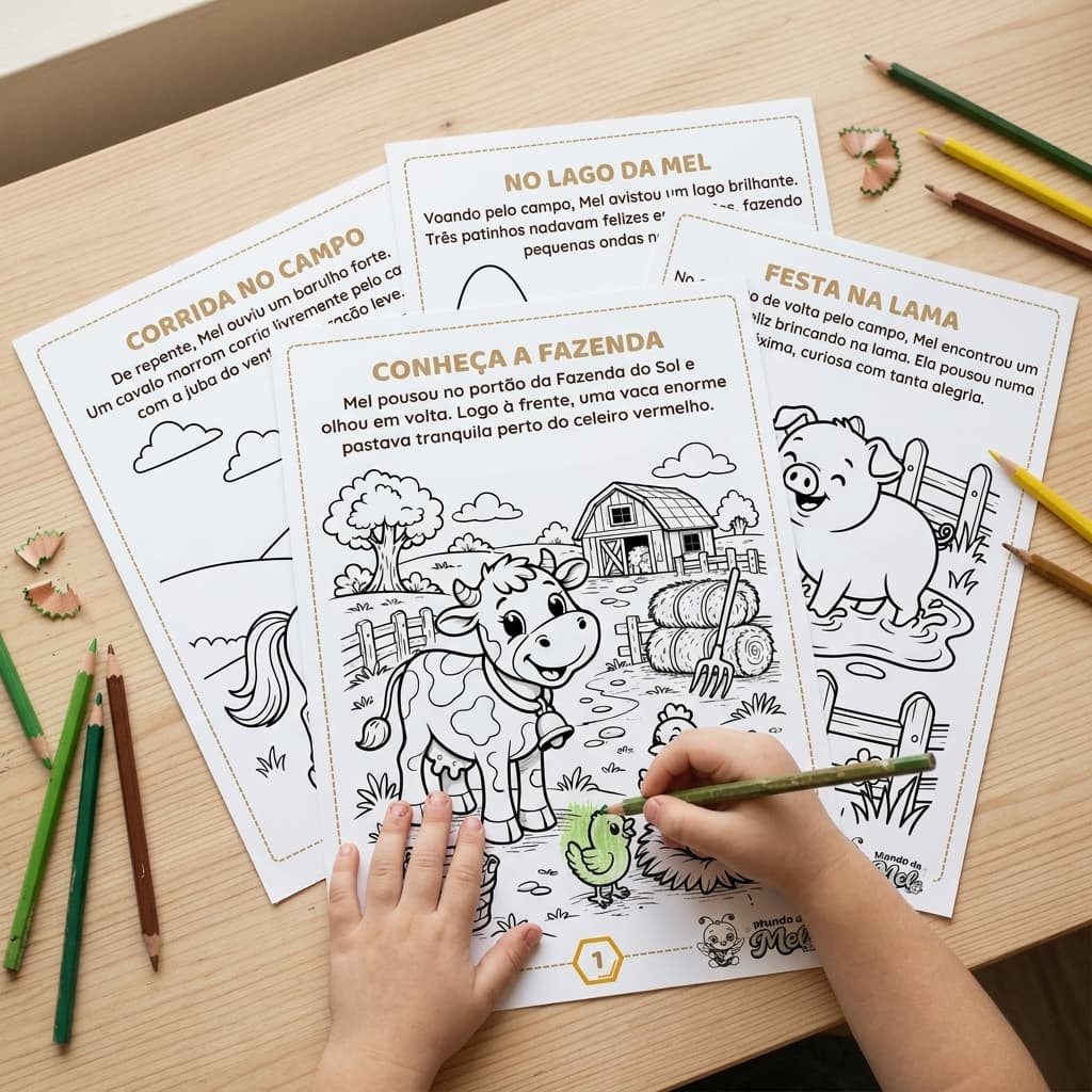 Páginas do bloco de Exploração com atividades de colorir animais da fazenda