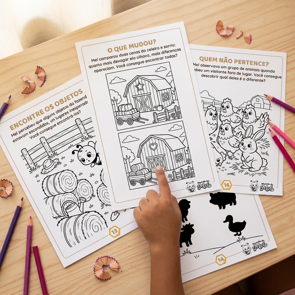 Páginas do bloco de Observação com atividades de encontrar diferenças