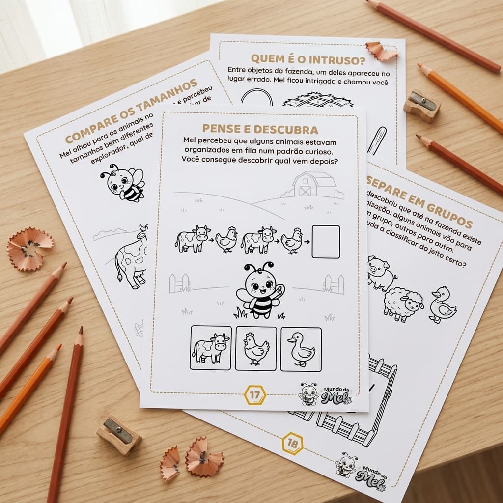 Páginas do bloco de Lógica com atividades de sequências e padrões