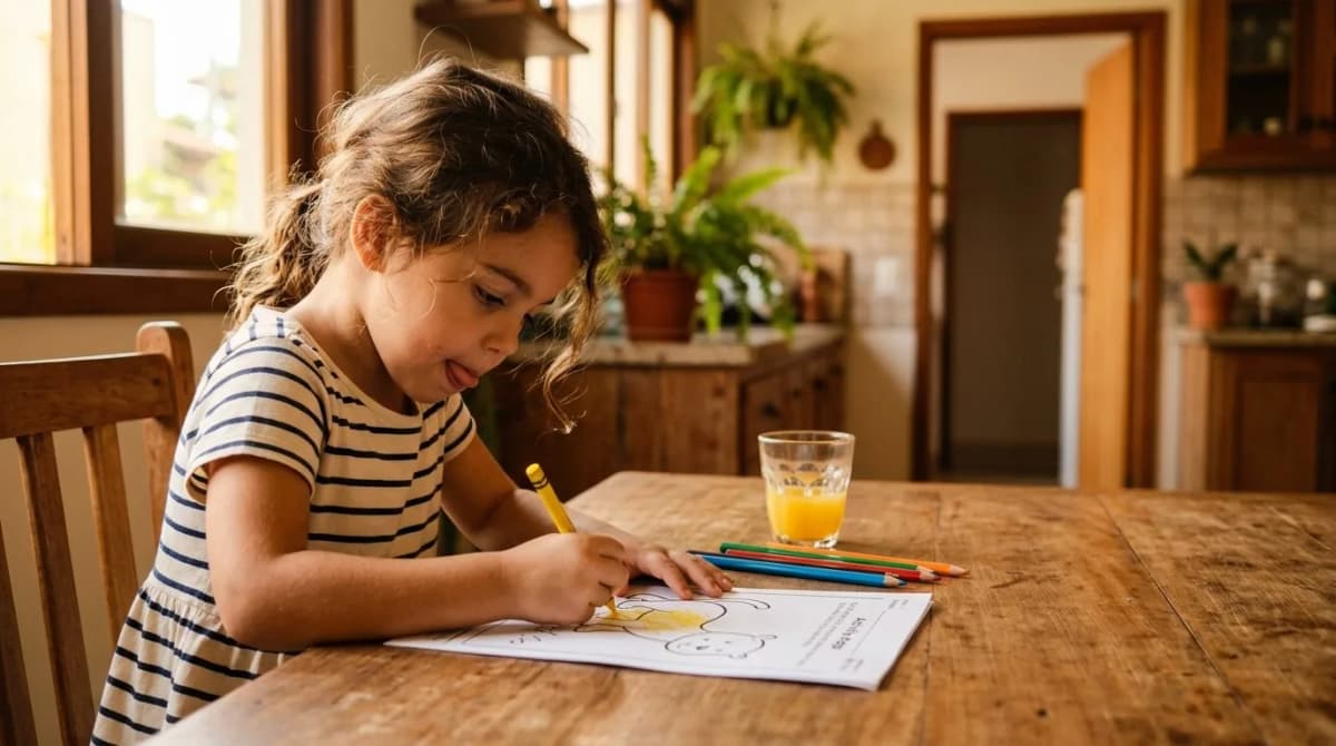 Menina concentrada colorindo atividade sem tablet por perto