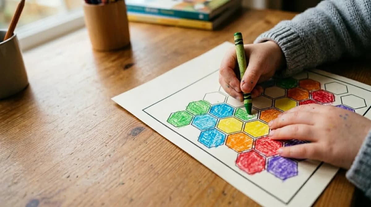 Mãos de criança colorindo favos no mapa de progresso