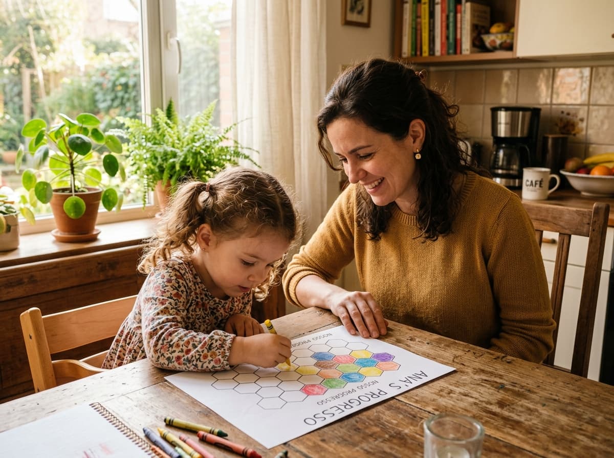 Mãe e filha colorindo juntas o mapa de progresso