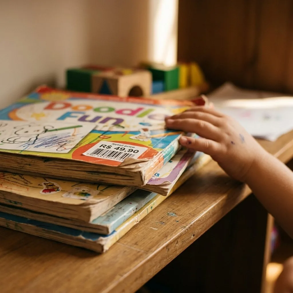 Livrinhos infantis usados e acabados em uma prateleira
