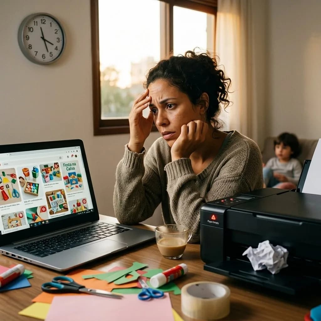 Mãe sobrecarregada no laptop tentando encontrar atividades para imprimir